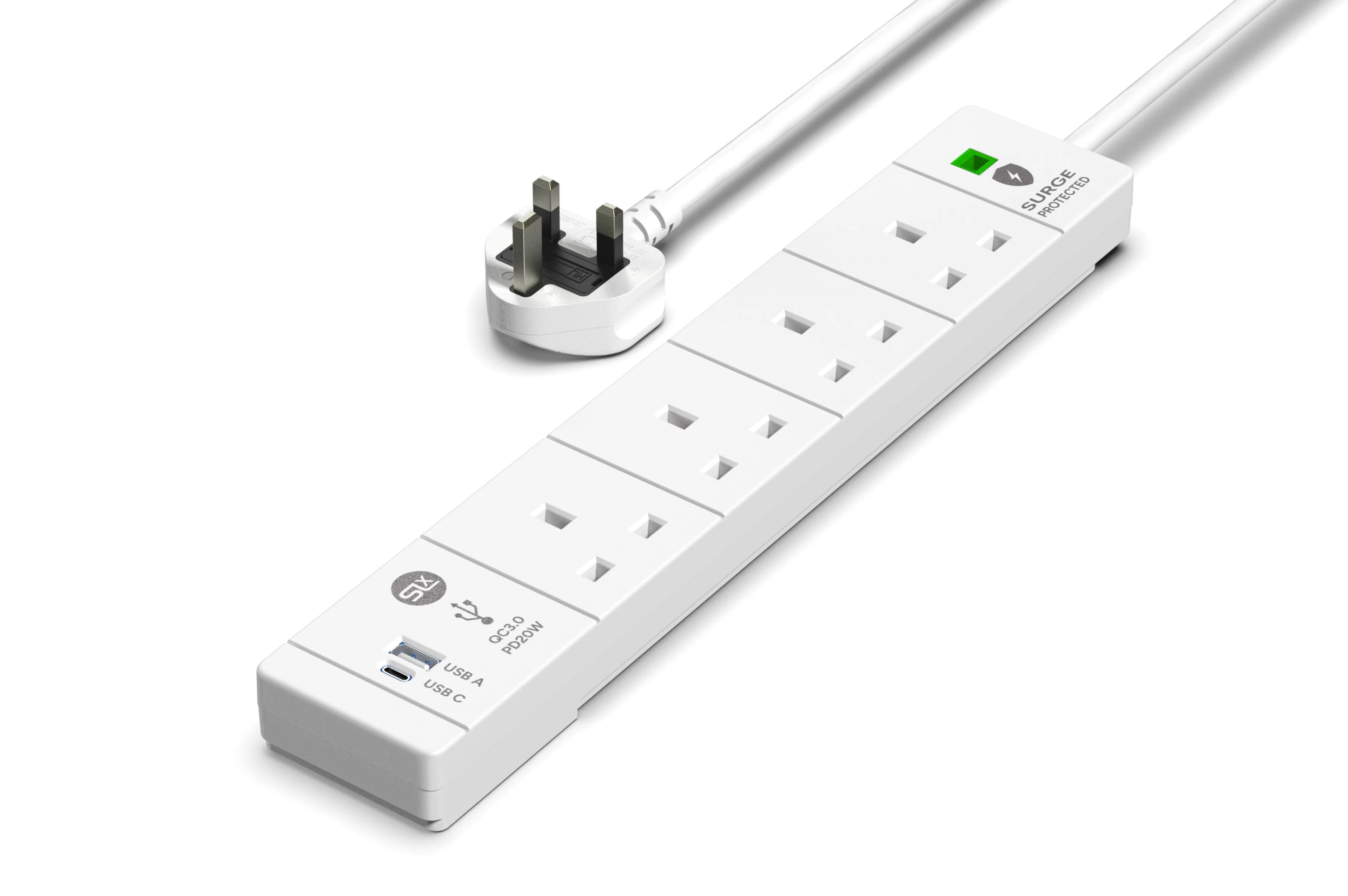 4 Gang Extension Lead 1m -  (USB-A, USB-C PD20W, Surge Protected & Neon)