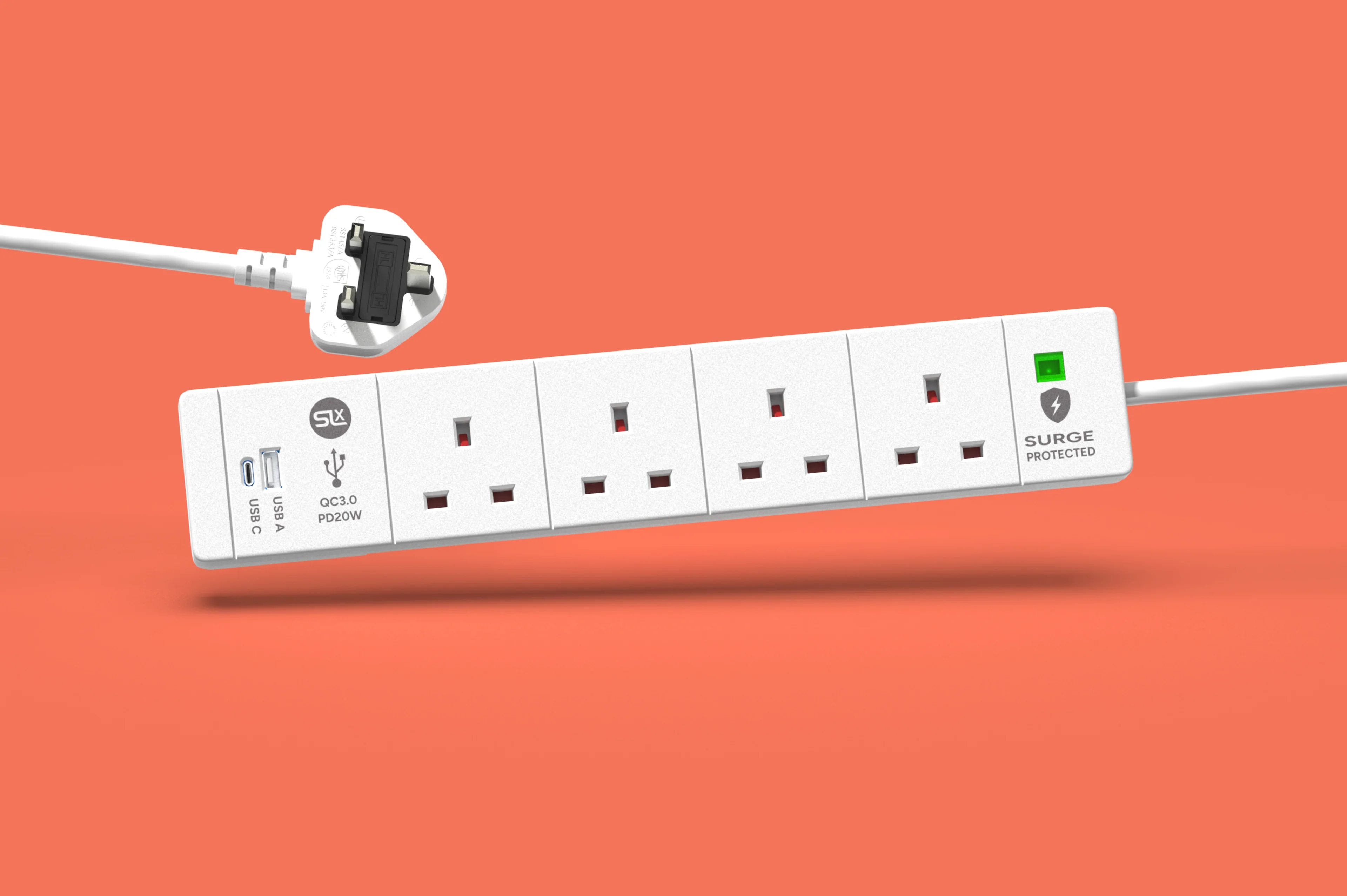 4 Gang Extension Lead 2m -  (USB-A, USB-C PD20W, Surge Protected & Neon) - Image 2