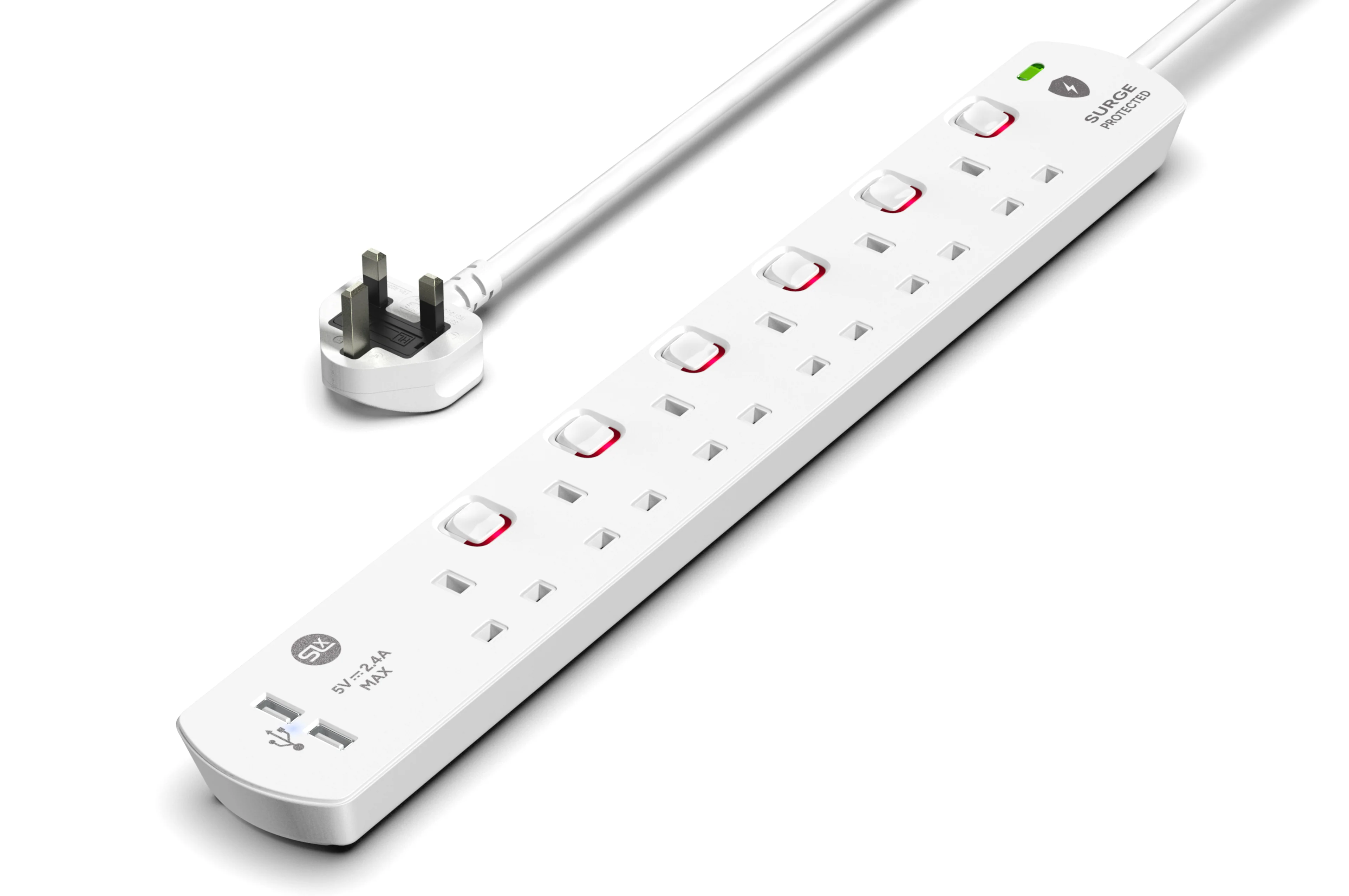 6 Gang Extension Lead 1m -  (USB, Switched, Surge Protected & Neon)