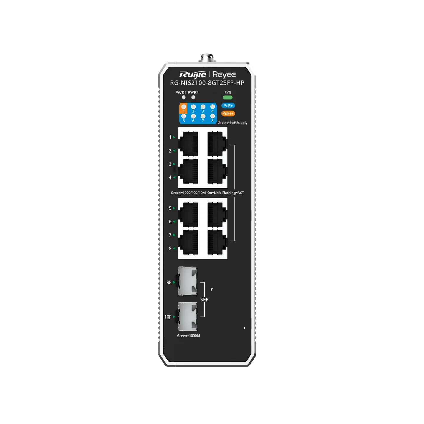 Reyee 10-Port Cloud Managed Industrial Switch, with 1 x PoE++ Port, 7 x PoE+ Ports, and 2 x SFP Uplink Ports