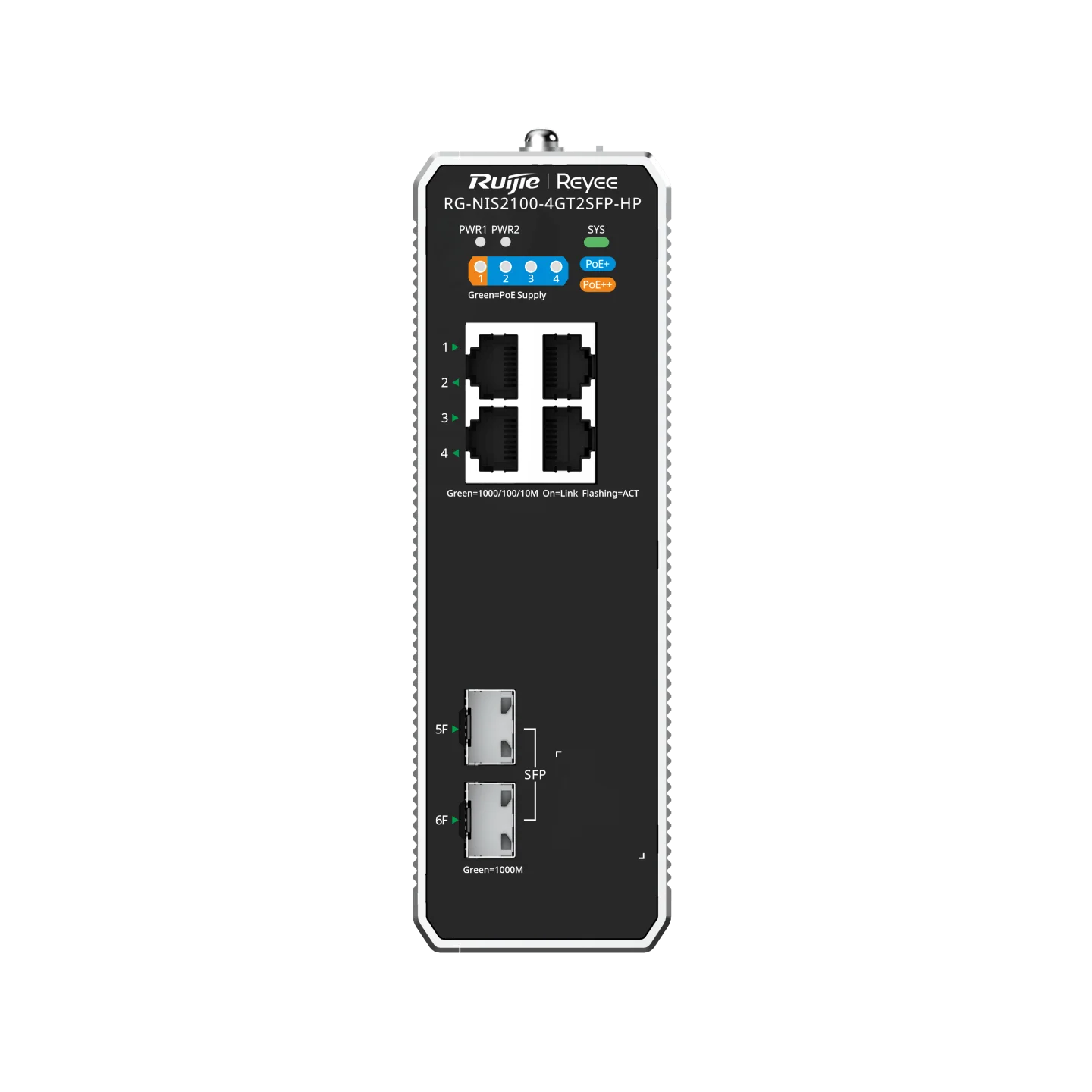 Reyee 6-Port Cloud Managed Industrial Switch, with 1 x PoE++ Port, 3 x PoE+ Ports, and 2 x SFP Uplink Ports