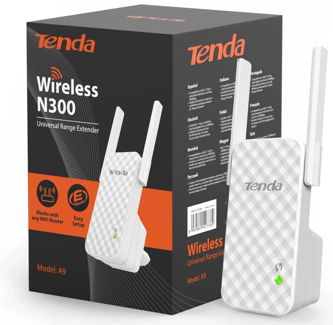 Tenda A9 N300 Universal Range Extender, Broadband/Wi-Fi Extender