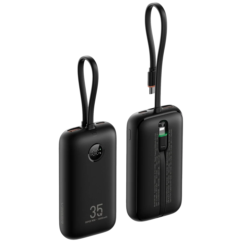 Veger 10,000mAh Powerbank, PD35W, Built In USB-C / Lightning Cables
