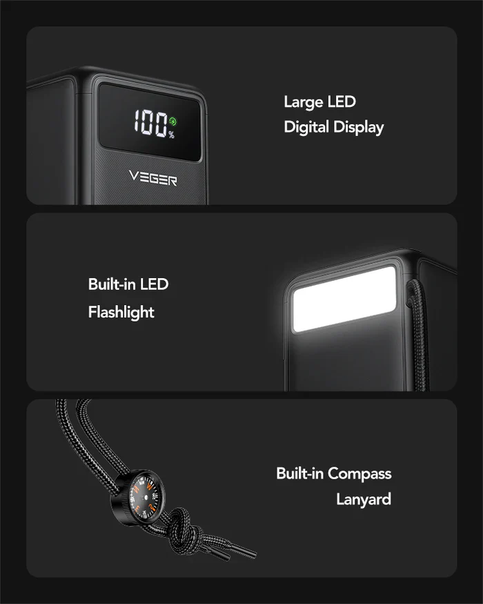 Veger Tank Lite 50,000mAh Powerbank, PD22W, LCD Display, Flashlight, Compass - Image 4